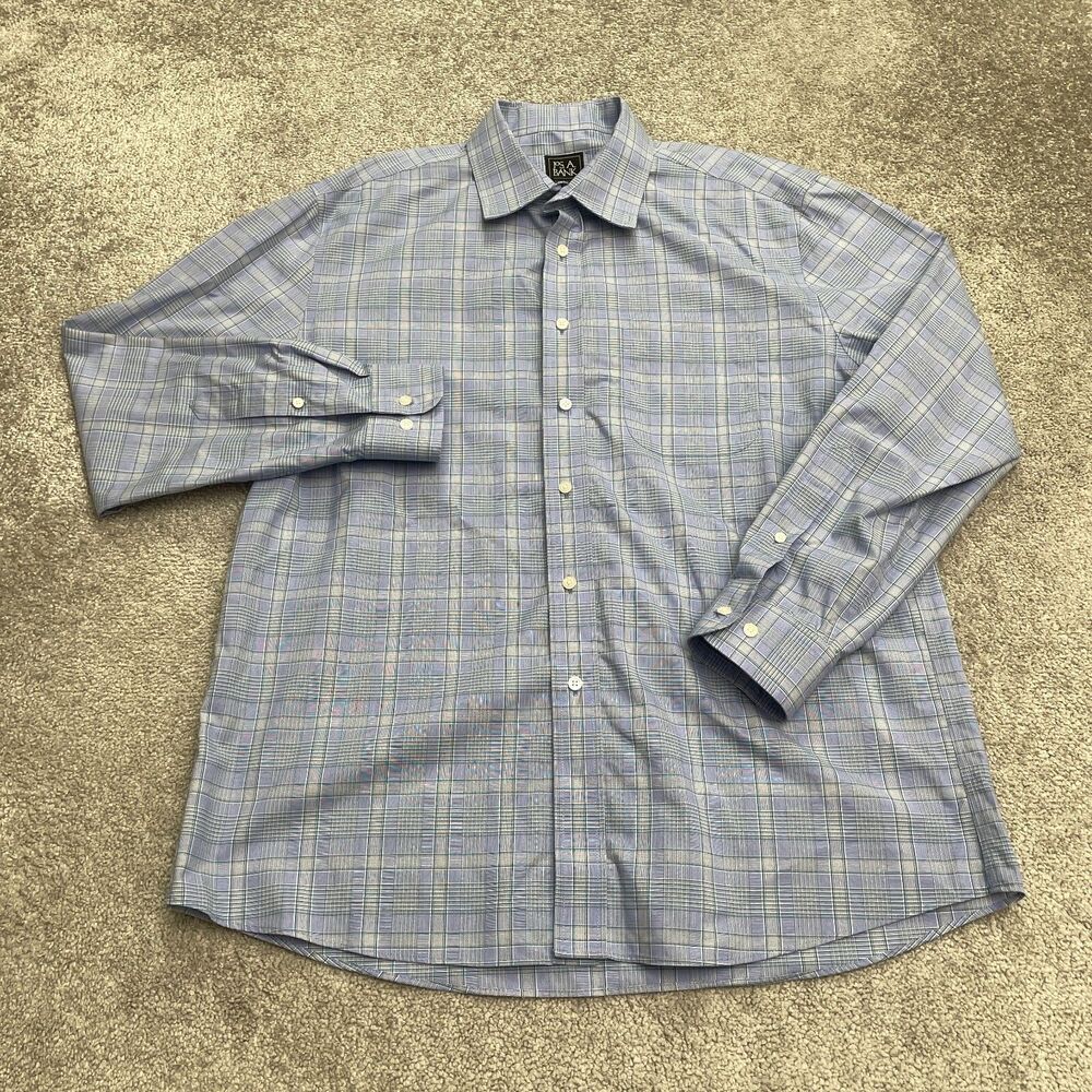 Jos. A. Bank Traveller Tailored Fit Dress Shirt Men Large Blue Plaid Cotton Work